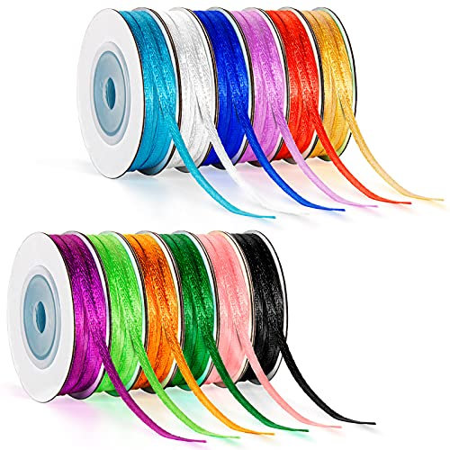 300 yardas Cinta de Raso 12 Colores Cinta de Raso Cinta Tela Doble Mezcla Rollo Satén de Seda para Decoración de Regalo Navideña Flores Boda 3mm de Ancho