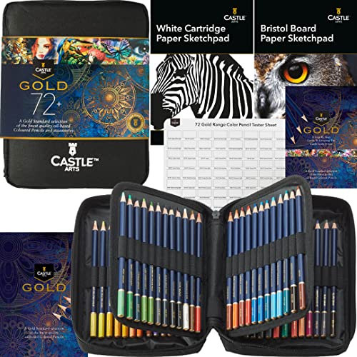 Castle Art Supplies Gold Standard 72 Buntstifte-Set mit Extras | Hochwertige Farbkerne auf Ölbasis, spitzer & widerstandsfähiger gegen Bruch | Für erfahrene Künstler, Farbkünstler | Reißverschlussetui