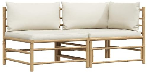 vidaXL Gartenmöbel 2-TLG. mit Kissen Ecksofa Mittelsofa Gartenset Gartensofa Lounge Sofa Garnitur Sitzgarnitur Sitzgruppe Cremeweiß Bambus