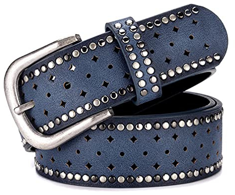 Jungerhouse Ceinture Vintage en Cuir avec Cloutée Creuse Fleur Design Ceinture Boucle en Alliage pour Femme Jean Pantalon (Bleu)