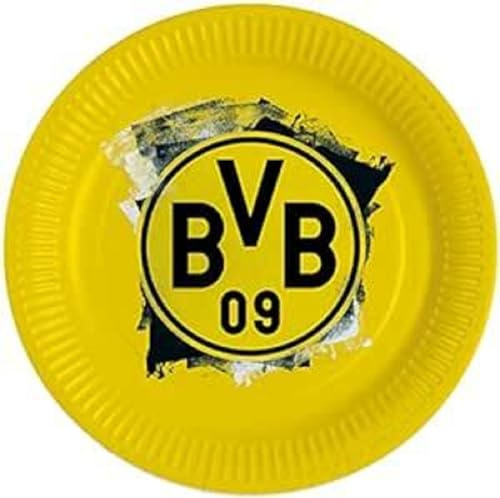 Amscan 9908525-66 - Teller BVB, 8 Stück, Durchmesser 23 cm, Papier, Borussia Dortmund, Pappteller, Einweggeschirr, Fußball, Party, Fan, Geburtstag