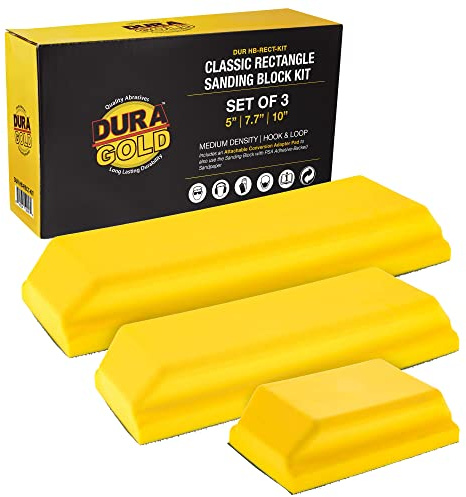 Dura-Gold Pro Series Classic Rectangle Hand Sanding Block Kit with 3 Blocks, 5, 7-3/4 and 10 Set, Hook & Loop Backing and PSA Sandpaper Conversion Adapter Pad - Auto Paint Prep Sand Woodworking