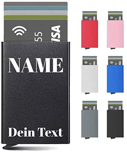 Personalisierte Kartenhalter Alu Kartenetui mit Wunsch-Gravur | Buchstaben Portemonnaie mit Name Datum | gravierter Portmonee RFID Schutz | kleine Kreditkartenetui Geldbeutel Aluminium Schutzhülle