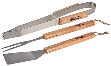 BARGAIN4ALL 3 Nos. BBQ Grill Tools – Non-slip Wood Grip Stainless-Steel Utensils – Backyard Camping, Cooking – Indoor/Outdoor Accessories for Men and Women