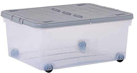 Wham Wheel 3 x 30L Plastic Storage Boxes with Folding Lid & Wheels | Ideal for Home, Office, Toys & More | Medium Boxes | Made in UK - Clear/Cool Grey