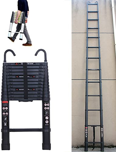 Rigogo Escalera telescópica de 6,2 m, con 2 ganchos, 15 peldaños, de aluminio, extensible, portátil, extensible, antideslizante, 150 kg, capacidad de carga, EN131, color negro
