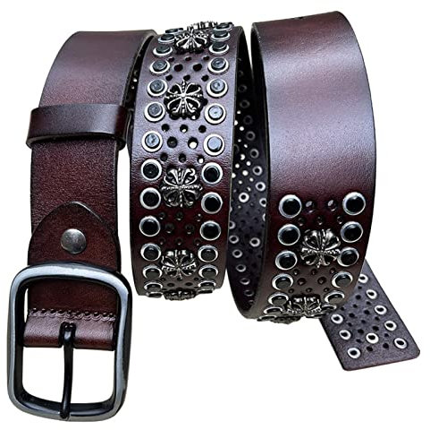 Lässiger Gürtel aus echtem Leder, Nietengürtel, Metall, Punkrock, Goth, Nietengürtel, Nietengürtel für Damen, Herren, Jeans, Rock, 38 mm breit,Kaffee,105cm/waist:34~36