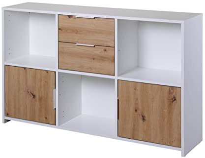 Inter Link - Kommode mit 2 Türen und 2 Schubladen - Sideboard - Schubladenschrank - Für Schlafzimmer, Wohnzimmer, Badezimmer -Eiche Artisan - Weiß - Holzwerkstoff -Robust -Pflegeleicht -Pepeto 2T2SW
