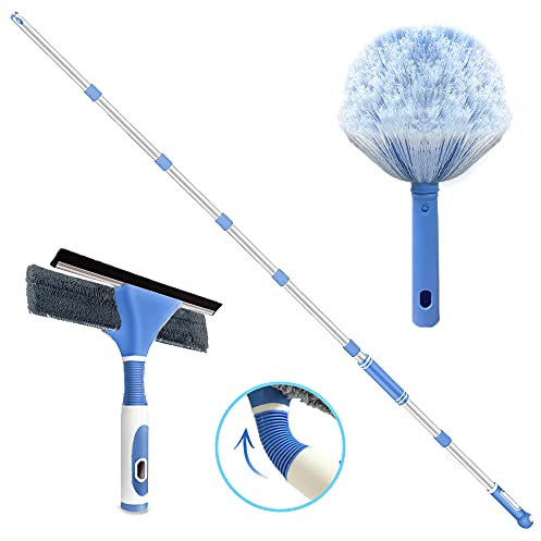 Set professionale per lavavetri e spolverino a ragnatela, tergipavimento estensibile per doccia, 2 in 1 telescopico per la pulizia delle finestre con testa piegabile