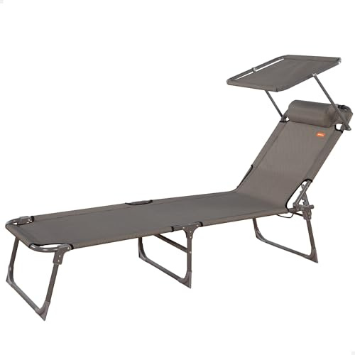 Aktive 62288 - Lettino prendisole pieghevole con ombrellone Grigio, Antiribaltamento, Reclinabile in 3 posizioni, Materiale: acciaio e textilene, Dimensioni: 193x53x30cm