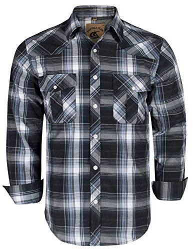 COEVALS CLUB Mens Shirts Long Sleeve Casual Push Button Plaid Suit Regular Fit Western Cowboy Pearl Snap Two Pockets Work Derss Button Up Shirts(Black Gray #9 L)