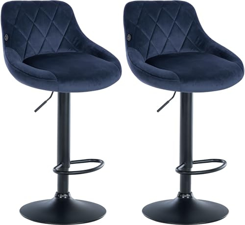 CLP 2er Set Barhocker Lazio Mit Samtbezug I Drehbarer Thekenhocker Mit Fußstütze I Höhenverstellbarer Barstuhl Mit Trompetenfuß | Farbe blau Gestell Farbe schwarz