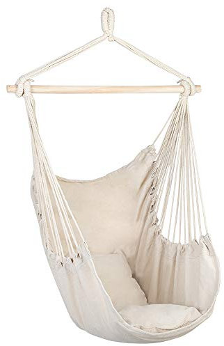 Hängemattenstuhl, Makramee-Schaukel, markanter Hängestuhl aus Baumwollsegeltuch mit Kissen for den Innen- und Außenbereich, Beige/159