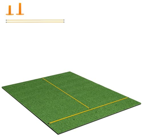 GYMAX Golf Abschlagmatte, Golf Übungsmatte mit 2 Gummi-Tees, 2 Ausrichtungsstäben & 6 Abschlagpositionen, Golf-Schlagmatte für Schwung-Training, Golfmatte für Indoor & Outdoor