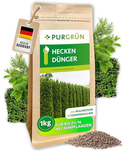 Purgrün® Heckendünger 1 kg – Organisch-mineralische Rezeptur – Feinkörniges Krümelgranulat – NPK 8+4+5 – Extra Magnesium für leuchtend grüne Blätter – Verbessert die Bodenqualität
