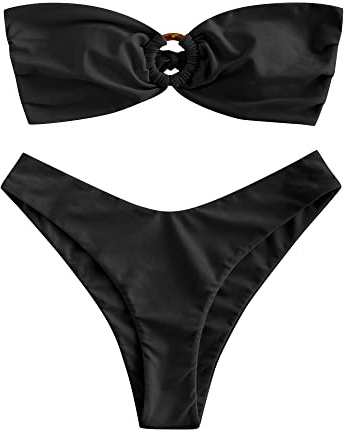ZAFUL Ensemble bikini pour femme avec joint torique et froncé à l'arrière, coupe haute, bikini bandeau solide, rembourré, sans bretelles, maillot de bain deux pièces, 1 - Noir., L