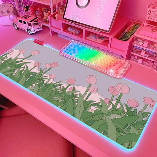 JMIYAV Green RGB Gaming Mouse Pad PC XL Large Extended Glowing Led Light Up Desk Pad Non-Slip Rubber Base Computer Keyboard and Mouse Pad Cool Cute Mousepad Mat 80 * 30cm grass001