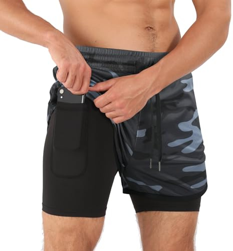 Superora löparshorts för män, kompressionsshorts, gym, fitness, träning, 2-i-1 shorts med telefonficka och blixtlåsfickor, Camo grå, XL