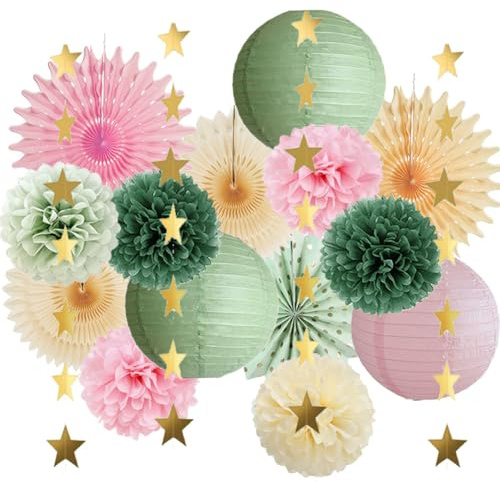 Party Deko Salbeigrün Rosa Geburtstagsdeko Salbei Rosa Party Deko Grün Rosa Pompons Deko Salbei Olivgrün Papierfächer Papierlaternen Kit für Babyparty Deko Mädchen Brautparty Hochzeit JGA Frau