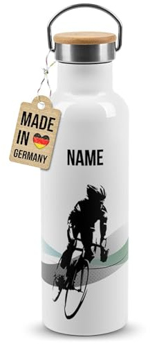 Print Royal PR Edelstahl-Trinkflasche für Sportler mit Name selbst gestalten - Fahrrad - Geschenk Sportler, Personalisierte Fahrrad Geschenke für Männer | Thermosflasche Weiß, 750 ml