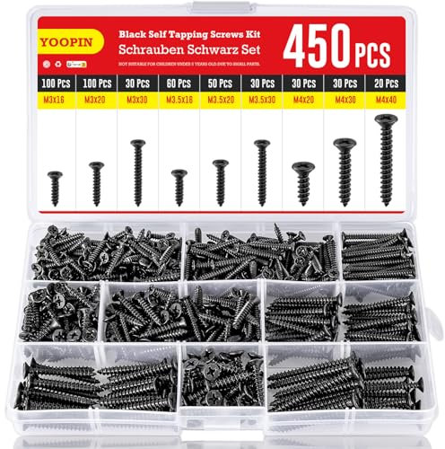 YOOPIN Juego de 450 tornillos, M3, M3,5, M5, tornillos para madera, acero al carbono, negro, tornillos autorroscantes, tornillos autorroscantes de cabeza avellanada, tornillos de montaje rápido,