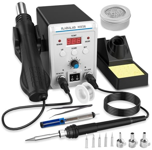 Stazione saldatrice ILIBILIB 2 in 1 SMD, stazione di rielaborazione ad aria calda, 60 W, set di stazioni di saldatura con display digitale e 5 punte di saldatura intercambiabili, filo di saldatura,