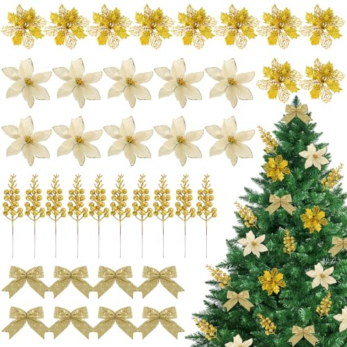 BOOMTOP 38pcs Flores Doradas con Clips Kit Lazo Navidad con Purpurina/Bayas, Flor para Árbol de Navidad, Decoración Colgante Boda, Flores Sólidas/Huecas