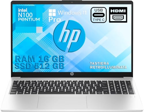 HP 250 G10 Silver Notebook,portatile, RAM 16GB, SSD 512GB, Display FullHD 15.6, Cpu Intel N100 4 Core da 3,4 GHz, tastiera retroilluminata, fingerprint, Win 11 Pro,Gar Italia