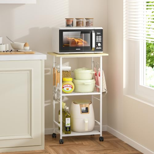 ThreeHio Rolling Kitchen Microwave Cart, 3 Tier Microwave Table Stand with Adjustable Shelf, Kitchen Storage Rack on Wheels, Coffee Station Cart Rack Shelf Organizer for Living Room Office, Balcony