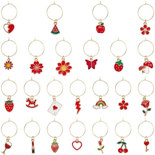 SUNNYCLUE 1 Box 24 Styles Red Wine Charms Enamel Wine Glass Charms Bulk Enamel Alloy Key Butterfly Flower Strawberry Apples Valentine's Day Glasses Charm for Gathering Wedding Party Favors Drink Decor