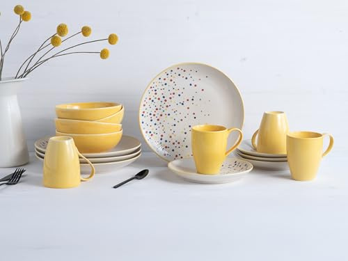 CreaTable, 24235 Serie Joy Dots Giallo - Set di stoviglie da 16 pezzi per 4 persone, servizio combinato in gres porcellanato, lavabile in lavastoviglie e microonde, produzione di qualità