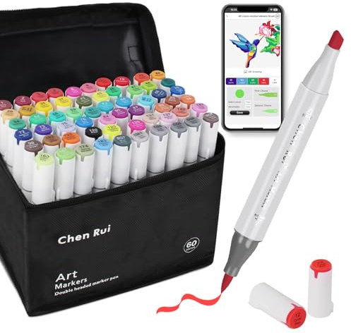 Chen Rui 60 Farben Alkohol Marker Pinselspitze mit App Alcohol Marker | Doppelspitze | Mischbar | Ungiftig | Alkoholbasis |Farbcode | Alkoholmarker for Malen, Skizzieren, Manga und Zeichnen
