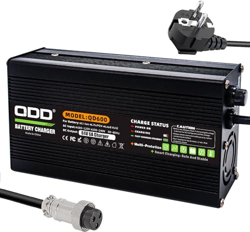 QDD Chargeur de batterie Li-ion 84 V 6 A, boîtier en aluminium argenté, sûr et durable, utilisé pour batterie au lithium 20S 72 V, chargeur intelligent, sortie DC, connecteur GX16 1+3 broches