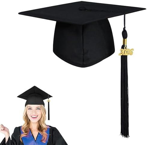 XcnPer Graduation Cap 2026 for Adults - Classic Black Mortar Board with 2026 Year Charm Tassel, Adjustable Polyester Hat for University & High School Ceremonies