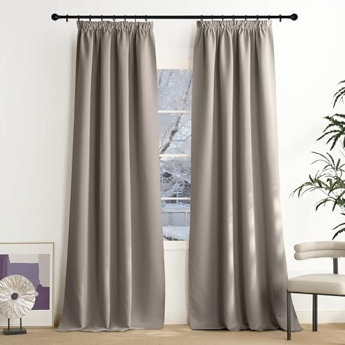 NICETOWN Rideaux Occultants Thermique Anti Froid Galon Fronceur de Fenêtre Tissu Opaque Lumineux Bloquer Decoration pour Chambre Salon, L140xH240 cm, Beige Gris, Lot de 2