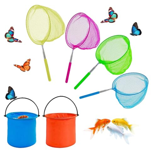 Sythrix 4 Pcs Fishing Net with 2 Foldable Water Buckets Set,Butterfly Fishing Nets Telescopic Fishing Net for Catching Fish Crab Butterfly Playing Beach Ponds Pool Outdoor