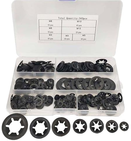 Kit surtido de arandelas de bloqueo, M3-M12, 350 piezas, acero al manganeso, color negro