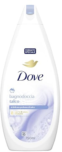 Dove Docciaschiuma Talco, Formula con Idratante Dermo-Naturale, con 1/4 di Crema Idratante, Dermatologicamente Testato, Bagnoschiuma Uomo e Donna, 100% Bottiglia Riciclata* 750 ml