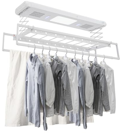 wanwanper Elektrischer Wäscheständer Deckenmontage, Wand- und Decken-Wäscheständer Ausziehbar 130-215CM mit Fernbedienung & LED-Beleuchtung, Blaulicht-Sterilisation & 2X Ventilatoren (Weiß)