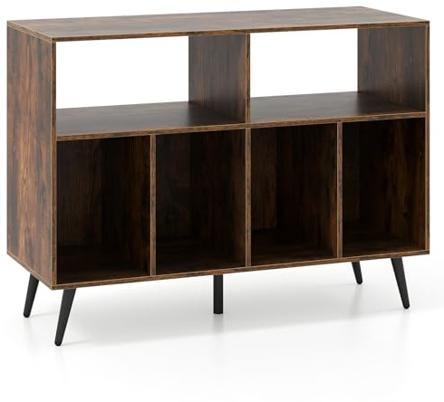 GIANTEX Soporte para Tocadiscos con 6 Compartimentos Abiertos, Estantería para Discos de Vinilo con 5 Patas de Apoyo, 100 x 40 x 74,5 cm, Mueble de Almacenamiento para Salón, Dormitorio (Marrón)