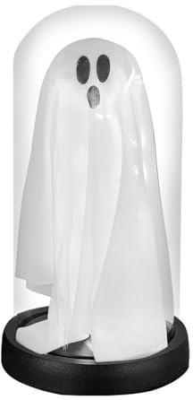Kuuleyn Halloween Ghost Decorations,Light Up Ghost in Glass Cloche LED Lighted Cute Tabletop Ornament,White Warm Light,for Halloween Party Indoor Fireplace Mantel Decor