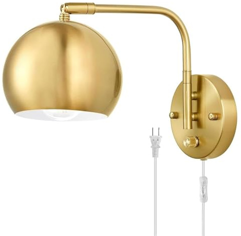 OOWOKS Vintage Wandlampe Dimmbar mit Stecker und Kabel Gold Wandleuchte mit Schalter E27 Verstellbare Nachttischlampe aus Metall Retro Industrial Wand Leselampe für Schlafzimmer Wohnzimmer Büro,A