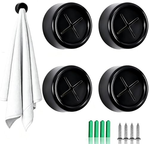 SHNOUMYULGNIYE 4 PcsTea Towel Holders, Self-Adhesive Kitchen Towel Holder, Stick on Round Wall Mount Hooks, Push in Towel Holders for Bathroom Kitchen and Home, No Drilling Required (Black)