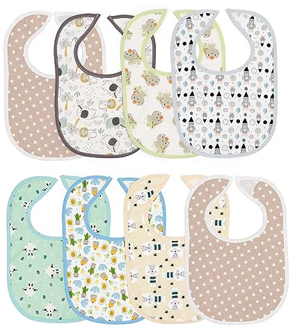 Ti TIN Pack de 8 Baberos Bebé Impermeables 0 a 6 Meses de Algodón con Dibujos Divertidos Lavables con Velcro para Guardería
