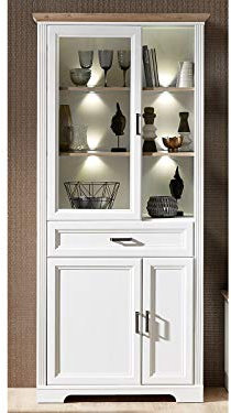möbelando Vitrine Standvitrine Vitrinenschrank Holzvitrine Wohnzimmerschrank Jillana I Pinie hell/Artisan Eiche
