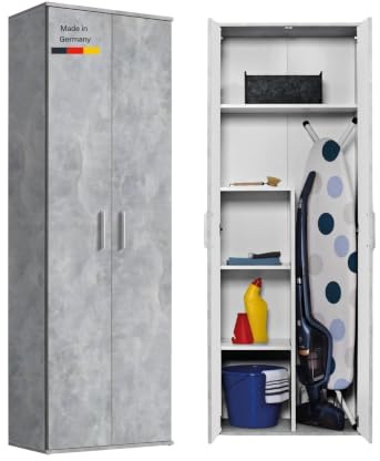 mokebo Mehrzweckschrank Besenschrank (60x180 cm) 'Der Lange' Made in Germany aus Holz auch als Haushaltsschrank Putzschrank Vorratsschrank Flurschrank graue Betonoptik