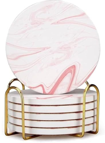 6 Stück Niedliche Rosa Marmor-Untersetzer für Getränke - Saugfähige Keramik-Tassen-Untersetzer Mit Halter, Dekorativ, Rund, Teekork - Cooles Bar-Set, Modern