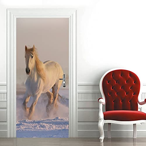 A.Monamour Türtapete Selbstklebend Türfolie Türposter 3D Ein Weißes Pferd Das Im Winter Auf Schnee Läuft Vinyl Folie Türdeko Tapete Wandbild Türaufkleber Türtattoo 77 x 200 cm