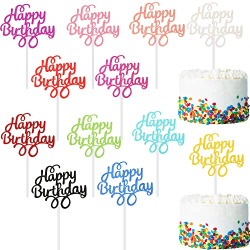 12 Colors Glitter Birthday Cake Toppers and Picks for Party Supplies, Baby Shower - 12 Pieces