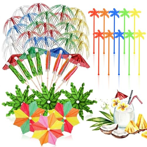 100 Pcs Cocktail Accessories for Drinks, Plastic Cocktail Glasses Decorations, Drink Umbrellas, Stirring Stirrers for Summer Beach Party Drink Food Decorations